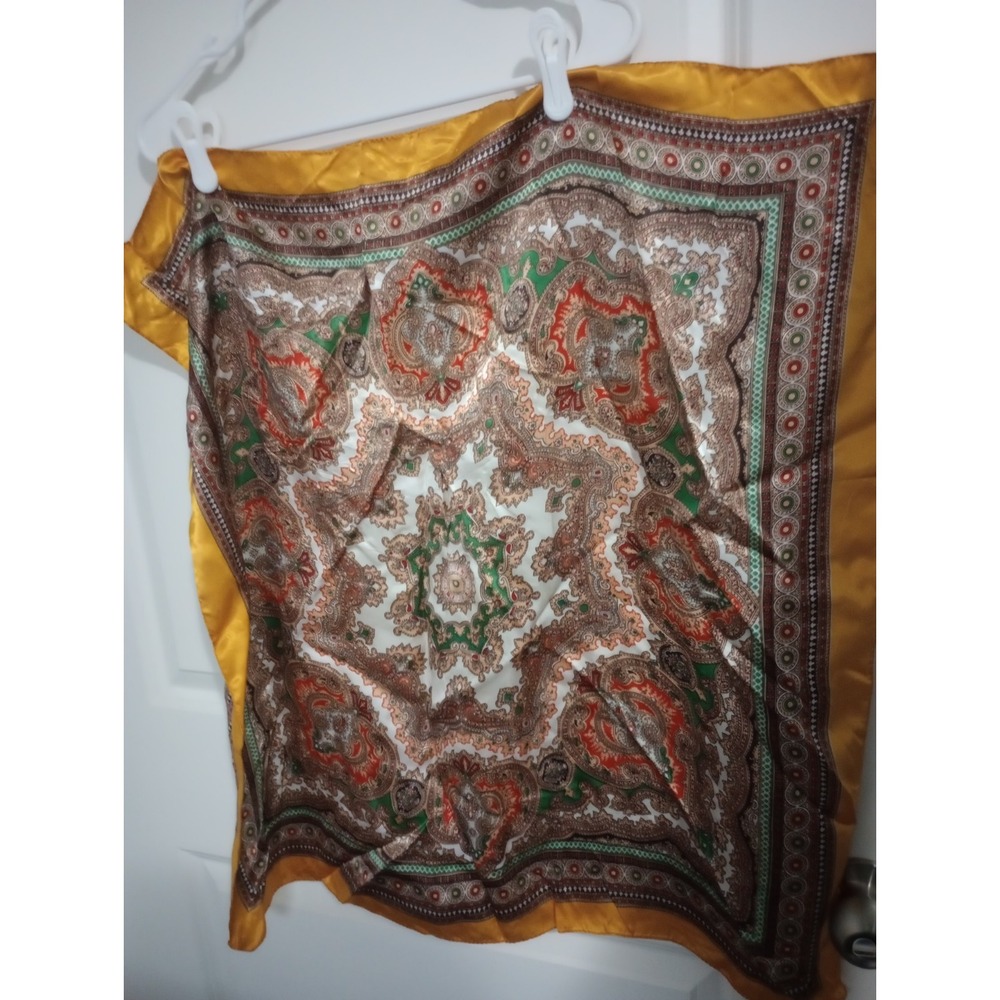 Vintage Paisley Satin Scarf 28" Square Gold Border‎ Brown Green Medallion